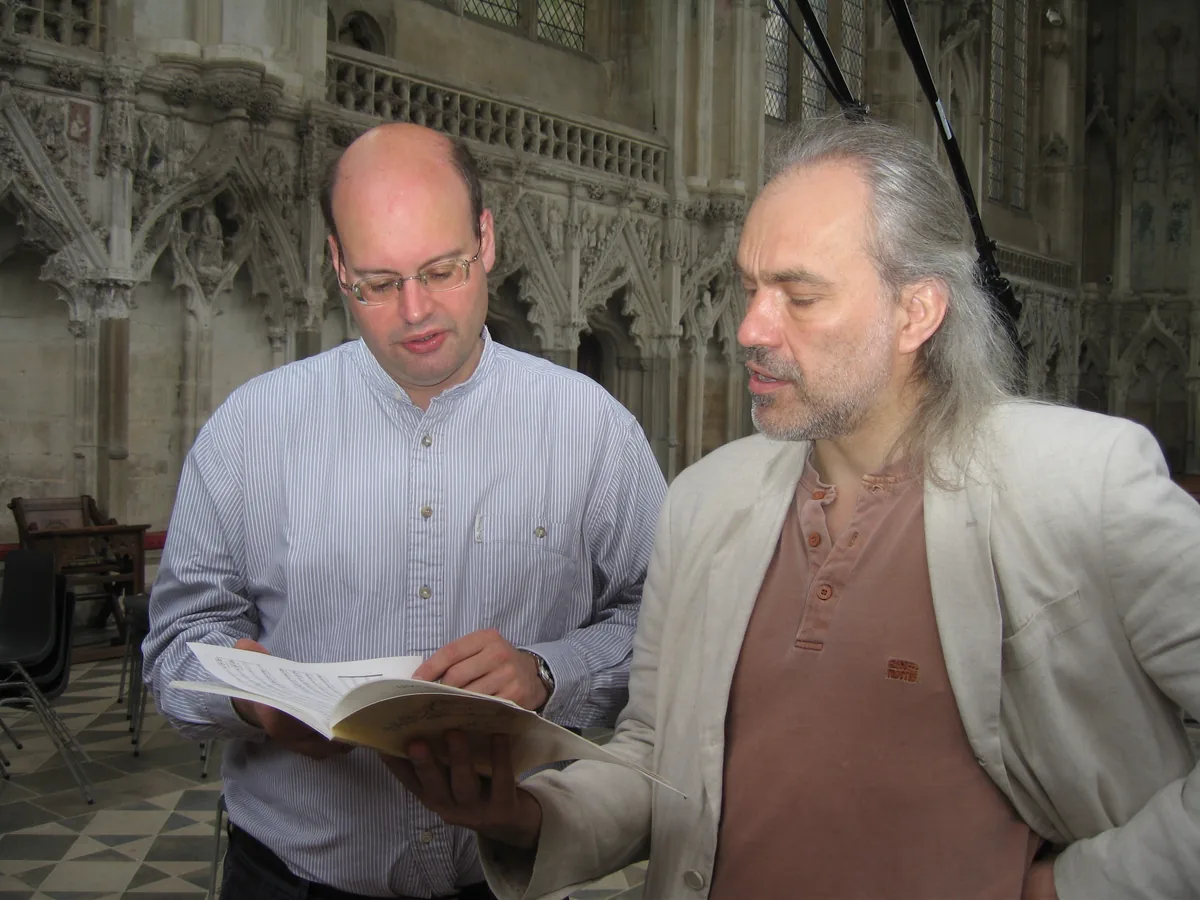 Stephen Layton and Uģis Prauliņš in the Lady Chapel, Ely Cathedral, during the Baltic Exchange recording sessions, 2–6 August 2008.