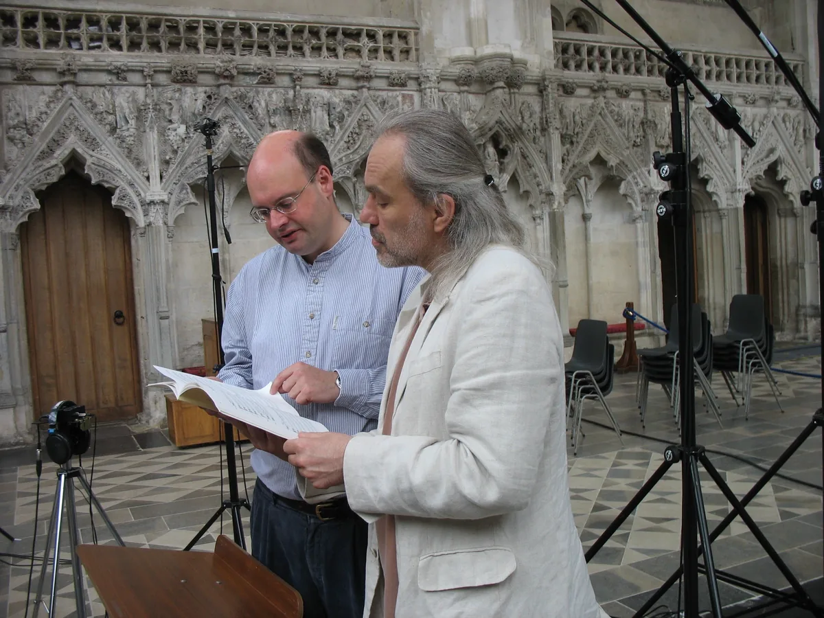 Stephen Layton and Uģis Prauliņš in the Lady Chapel, Ely Cathedral, during the Baltic Exchange recording sessions, 2–6 August 2008.