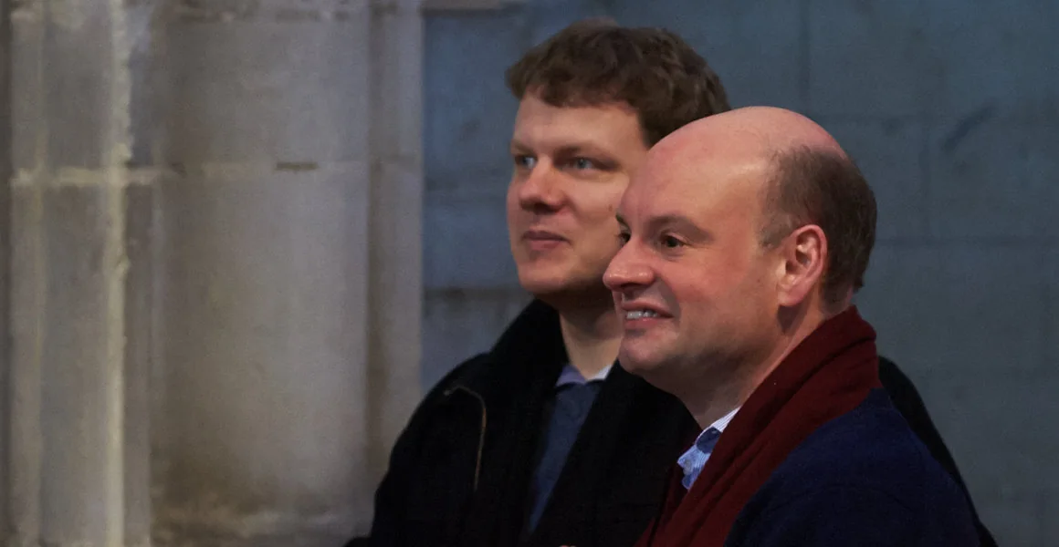 Ēriks Ešenvalds in Stephen Layton med snemanjem plošče Northern Lights, januar 2014
