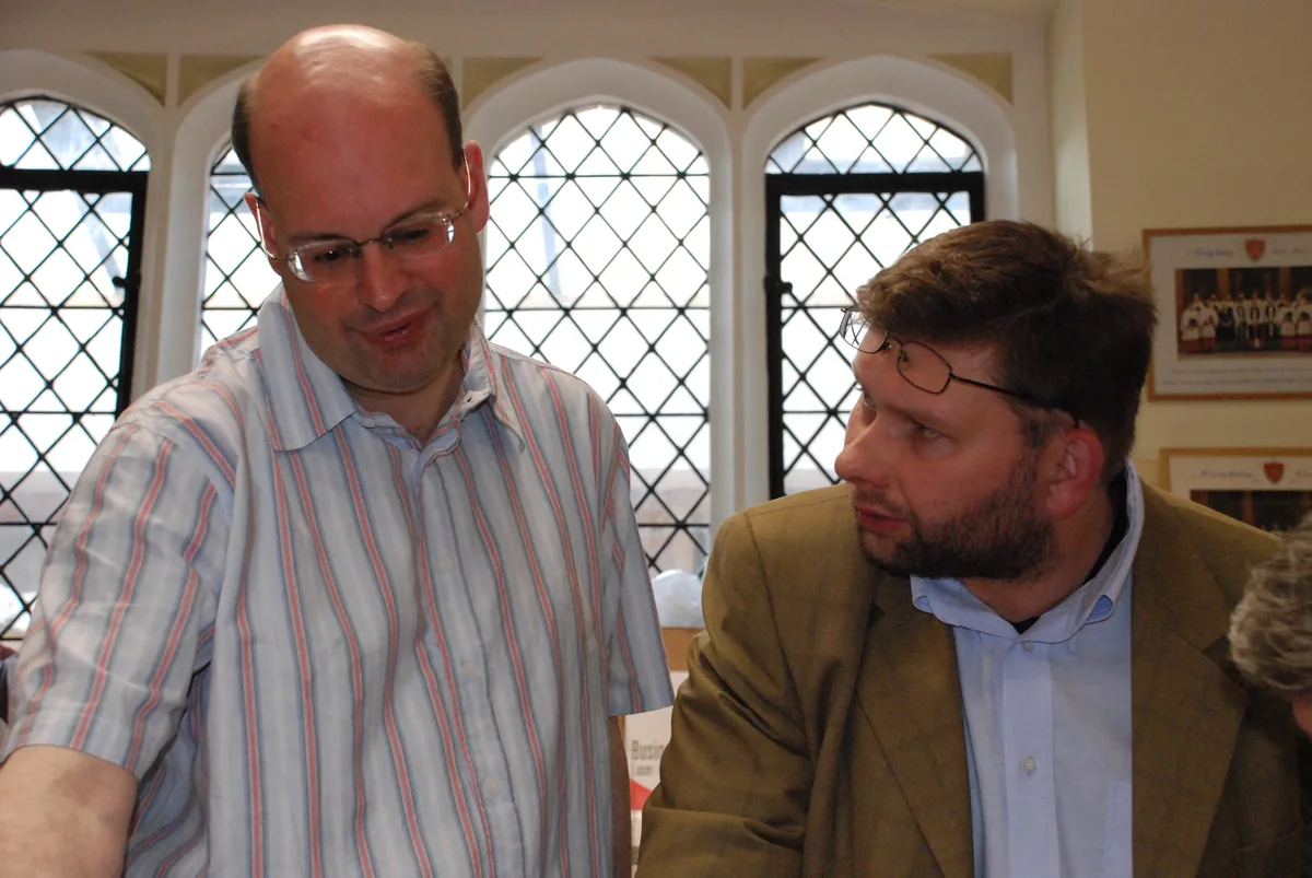 Stephen Layton and Paweł Łukaszewski together in the vestry of Trinity College Chapel, Cambridge, during the Hyperion recording sessions in July 2007.